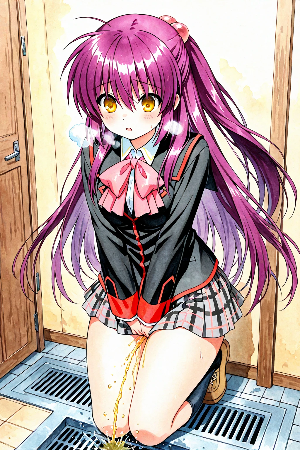 azki_(hololive), 1girl, solo, multicolored hair, pink hair, purple eyes, black hair, hair between eyes, white dress, brown dress, brown jacket, jewelry, long sleeves, x hair ornament, bangs, bracelet, long hair, streaked hair, hairclip, large breasts,,,,(masterpiece),(best quality),(ultra-detailed),(best illustration),(best shadow),(absurdres),(very aesthetic),(detailed background),,in narrow bedroom,dim lighting,under lighting,,standing,aged up,(aged up:1.5),shy smile,pucker lips,half closed eyes,skirtlift,from below, lifted by self,(showing pussy,skirt lift:1.2),holding skirt,,pussy juice,(detailed face,pubic hair,pussy juice:1.5),