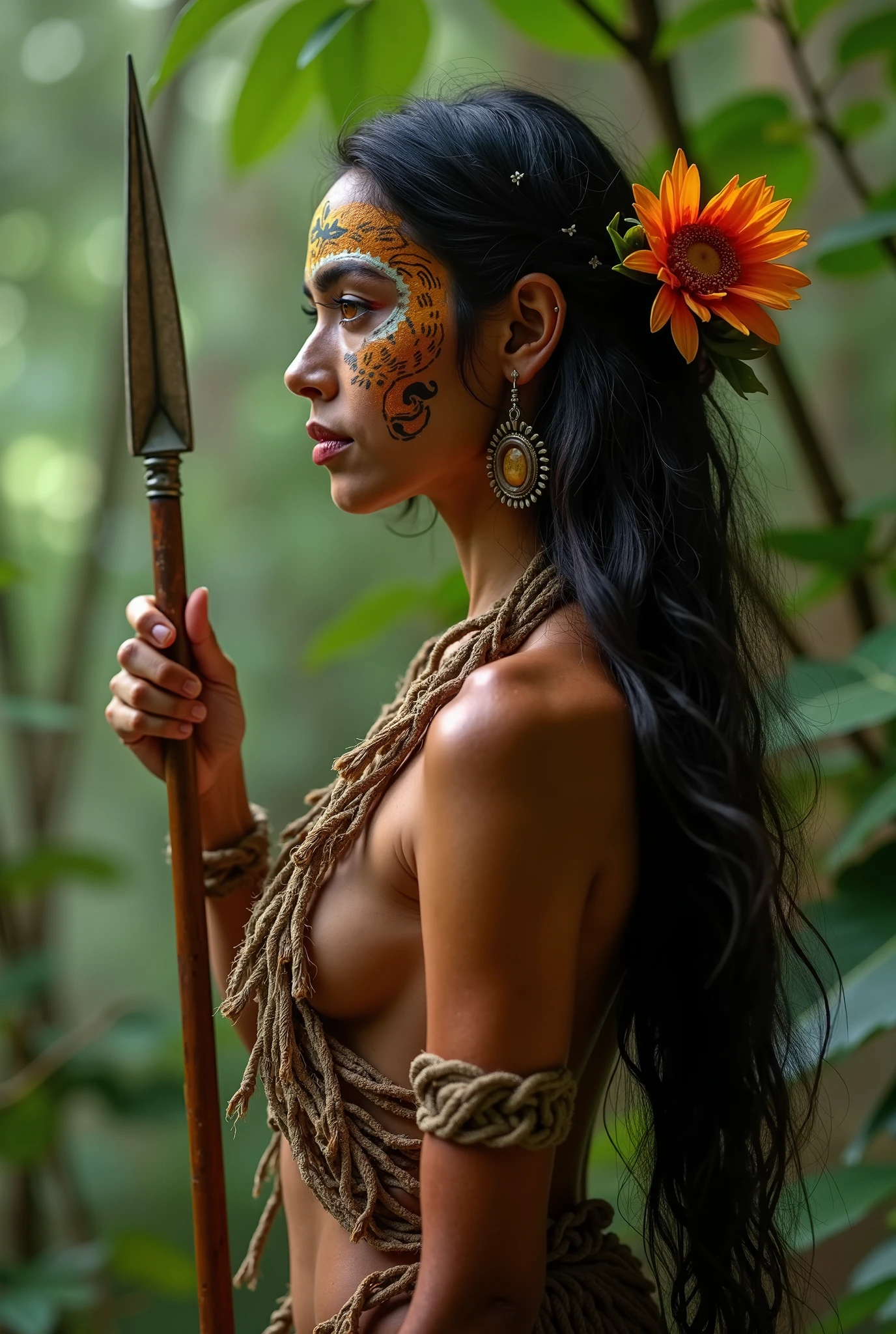 An apache indian female in a lush jungle smoking cigar