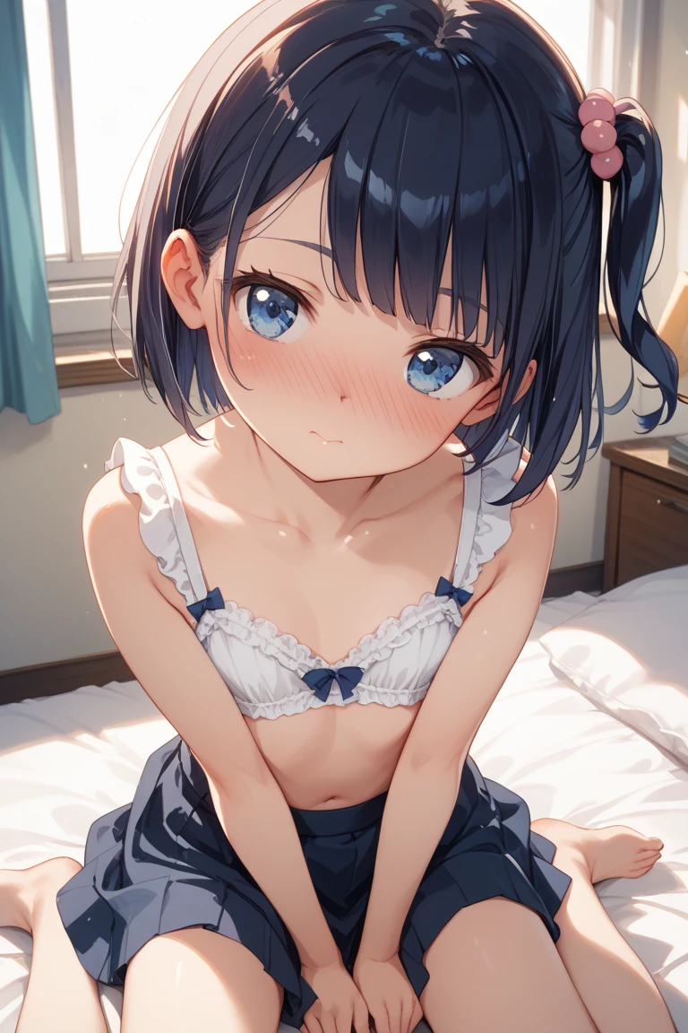 Kneeling,Hands behind back,Tied up with hands behind back,Put your chin forward,tongue out,front view,cum on tongue,1girl,Beautiful girl at 13 years old,Japanese,Slender,small breasts,Baby Face,Small face,Black Hair,Row Twin Tails,Short Twin Tails,Gray Eyes,Drooping eyes,middle School girls,A see-through black and blue negligee,Sexy Lingerie,open mouth,front face,Beautiful and detailed anime art,Desire expression,Pleading look,front view,high angle, looking at viewer, looking ahead, from above,face focus,Sexy vibe,Simple Background,Black Background,On the bed,Weak pink lighting,
