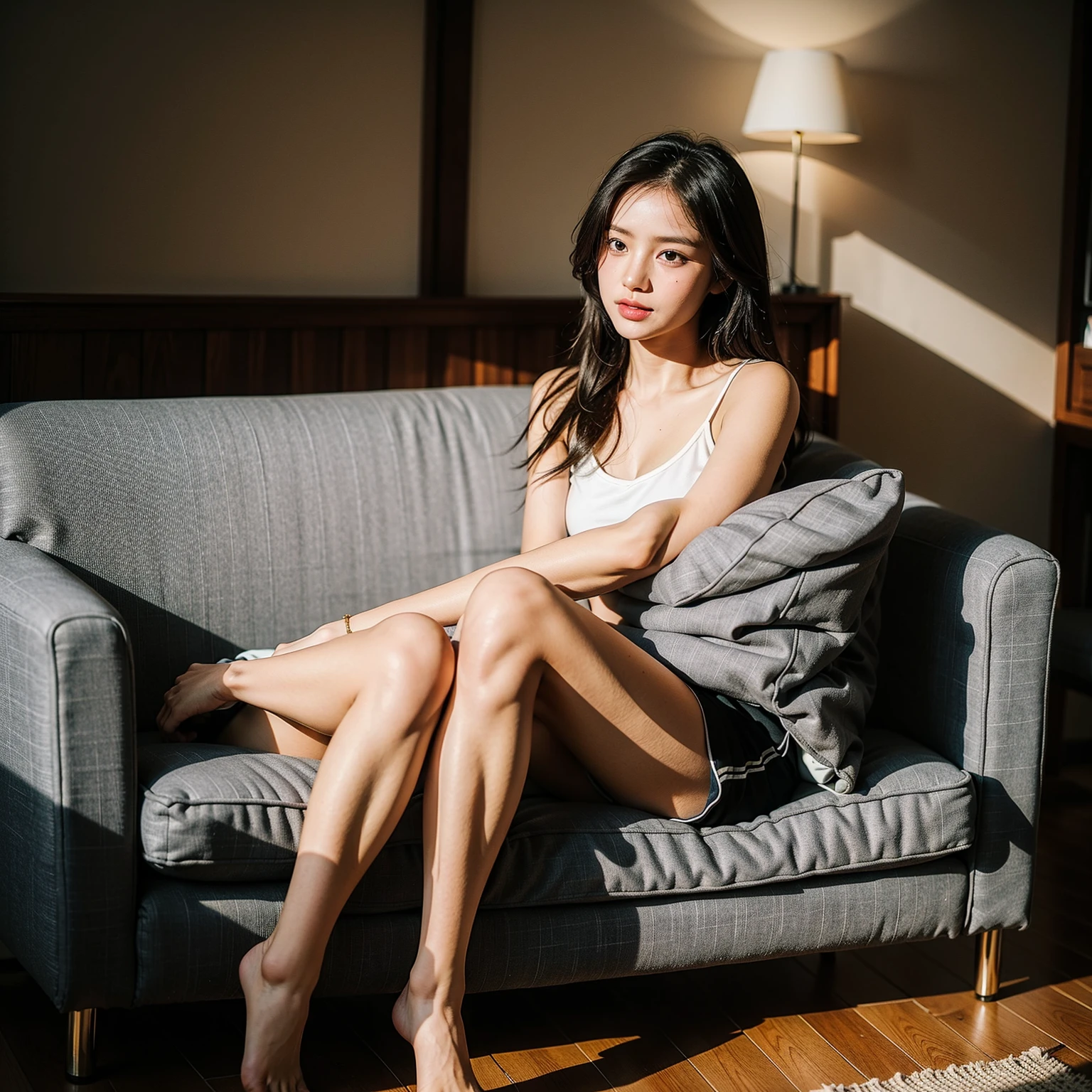 1girll,Sit on a comfortable sofa,Cross ed leg,Soft light