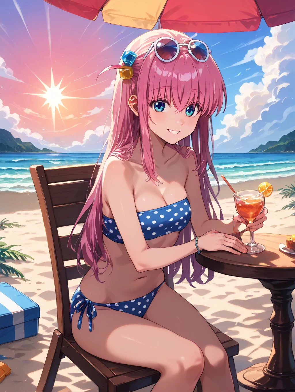 girl、cute、Yandere、Until death、Princess、young、Con、、young、cute、Yellow Eyes、Pink Hair、Super Long Style、Half Twin、hibiscus、Straw hat、Big ribbon、cute、Being spoiled、Watery eye、heart、heart，smile、Be happy、Eyes glow pink、Red cheeks、Hawaii、Floral Bikini，Small breasts