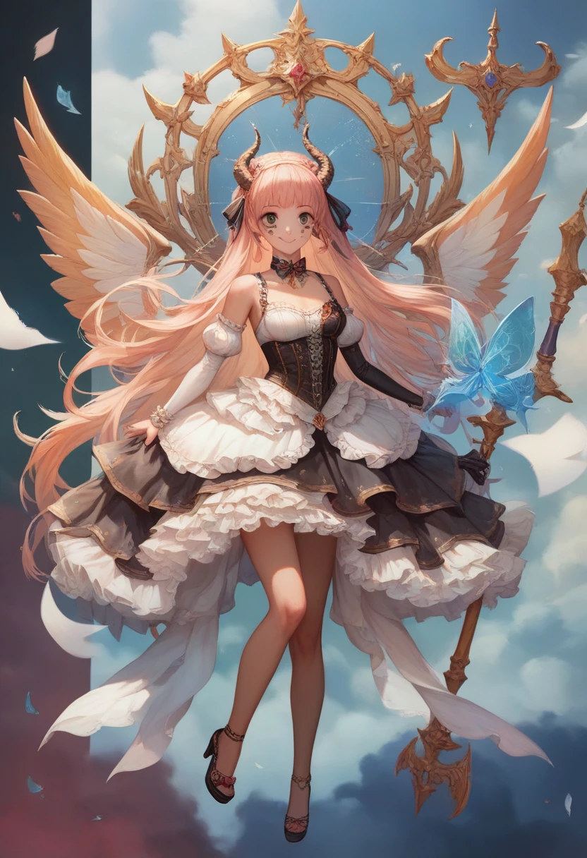 ((Highest quality)),(Ultra-high resolution),(Very detailed),(Detailed Description),((The best CG)),(A masterpiece),Ultra-detailed art,Amazing painting art,(Works with precise details:1.5), (1 female:1.6),(Beautiful and well-proportioned face:1.5),(Curly Hair:1.6),(Intricately detailed lace dress:1.8),Fine jewellery with exquisite detailing:1.5,Waist Accessories:1.5,Look at me and smile:1.5, (See-through nipples:1.1),, Angel Girl, (((Magnificent white angel wings on his back:1.2))), Mature Woman,Descended into the church,(Pastel colored hair:1.3),(Red and black long high heel boots:1.4), (garter belt), (stockings)、 (Floating in the sky with magical powers:1.2),(Floating skirt:1.5), (Embarrassed expression, blush:1.2),(bracelet),(heart choker)