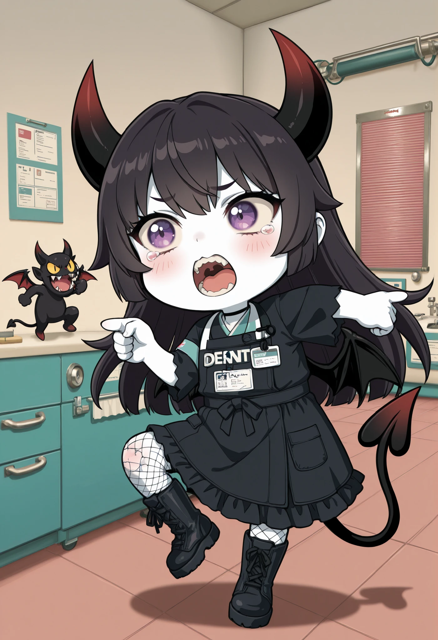 かわいいcatの, genba _cat,chibi, Pointing, standing on one leg, :3, open mouth, meme, parody in hin, (masterpiece:1.3), 8K, best quality, ultra high resolution, (wide open mouth), (Little devil with open mouth:1.3), (Dentist examining teeth:1.3), (blood comes out of my gums), (Devil:1.3), cute face, big eyes, Beautiful Purple Eyes, beautiful dark hair, glossy white skin, Sharp canines, The pain of cavities, teary eyes, small body, Big black devil horns, black bat wings, Black devil's tail, Gothic Lolita Devil Costume, fishnet tights, black long boots, (Background of the Dentist in the Demon Realm:1.3),, Accident scene,