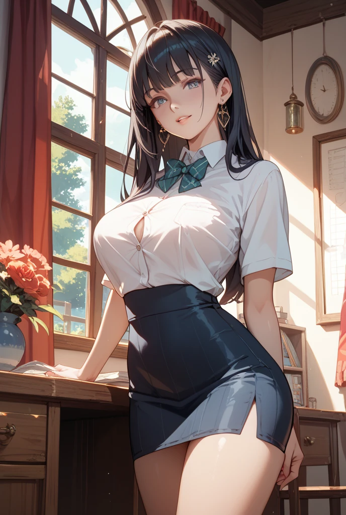 Best quality, solo mature woman, giant breasts, giant ass, very curvy, white skin, styled high ponytail, pear green eyes, full lips, seductive, sly smile, exposed white button up, loosen tie, pear green plaid skirt, ribbon in hair, thick thighs, curvy physique (MOIST SKIN) (BEAUTIFUL FACE)