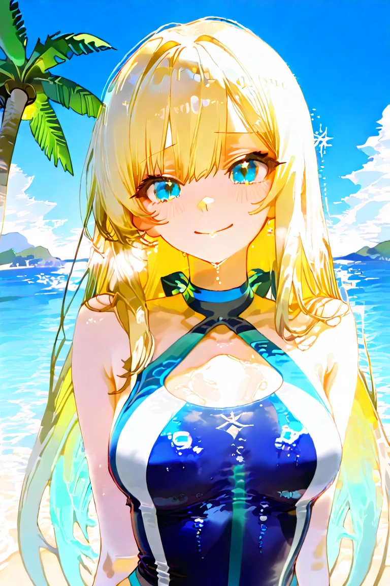 (Masterpiece:1.5)、16k、20-year-old female、(Blonde:1.5)、Long Hair、Ocean、I'm on the beach、Facing forward、(rainbow colored micro bikini:1.8)、(A red-cheeked, embarrassed expression:1.5)、Very delicate body、Very delicate face、Eye color: blue、(Very delicate eyes:1.4)、Realistic skin texture、Photorealistic:1.3、Delicate background、