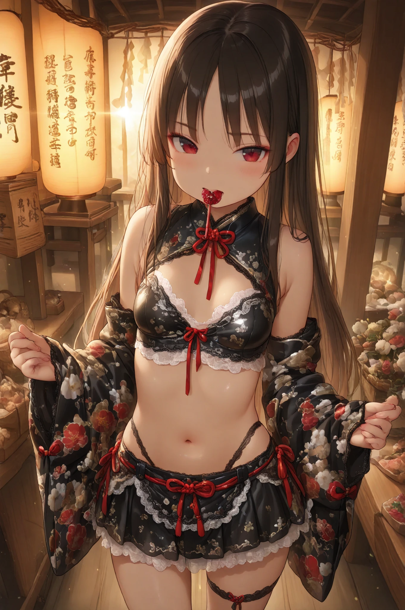Anime-style image of a woman in lingerie with a bloody face, Enchanting anime girl, Gwaiz, Beautiful and attractive anime woman, Gwaiz on pixiv artstation, Best anime 4k konachan wallpaper, Gwaiz on artstation pixiv, Anime Style 4k, Gwaiz masterpiece, Anime Art Wallpaper 4kA 17-year-old Japanese girl with vibrant hair colors, long hair, daring hair styling, slender figure, plump cheeks. She embodies the punk rock aesthetic, dressed like a punk rocker with bold attire, large sunglasses, a defiant expression. She stands at 170 centimeters tall, weighs 30 kilograms, wears long boots, with her thighs visible under a red pleated skirt. Adorned with numerous silver accessories. Depict with distinct outlines, using colors other than black for the outlines, using colorful hues for the outlines. She's into girls' rock, punk, Electric guitar, vibrant colors, stages, and backed by a band. An underground clubhouse with colorful lighting amidst the darkness. Colorful candies resembling mountains of treats are plentiful, strewn all around. A tall, well-built man with blonde hair is present, adorned with tattoos, a nose piercing, and a split tongue.