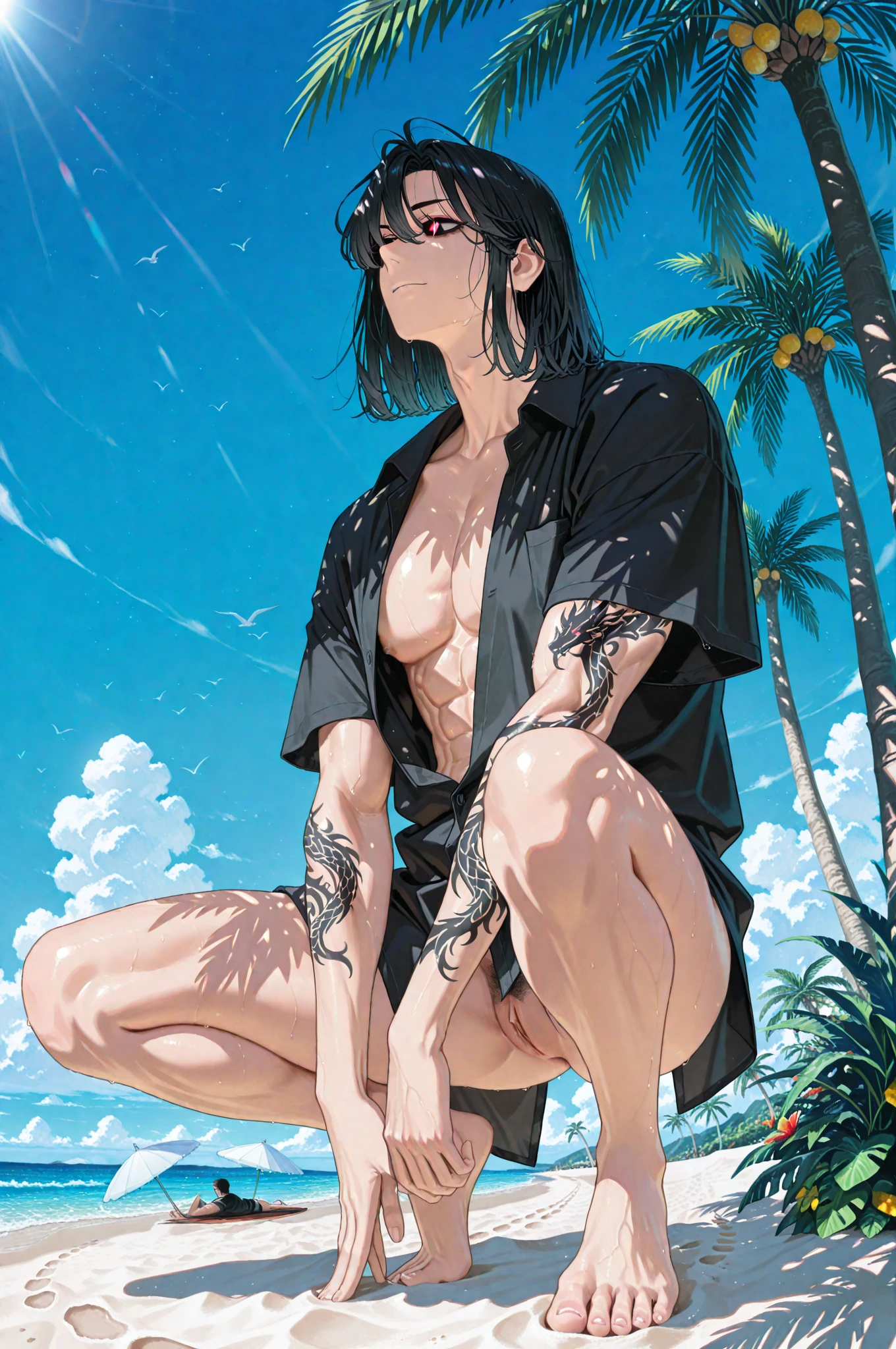 masterpiece, high quality, ultra detailed, 1man, solo, adult man, tall boy, sea background, at beach, blue sky, half naked, shorts, barefoot, dark black hair, ponytail, his bangs cover his eye, dark blue eyes, grin mouth, sitting on the floor grasping his knees, full body, summer, long slim legs, (perfect five fingers 1.1)