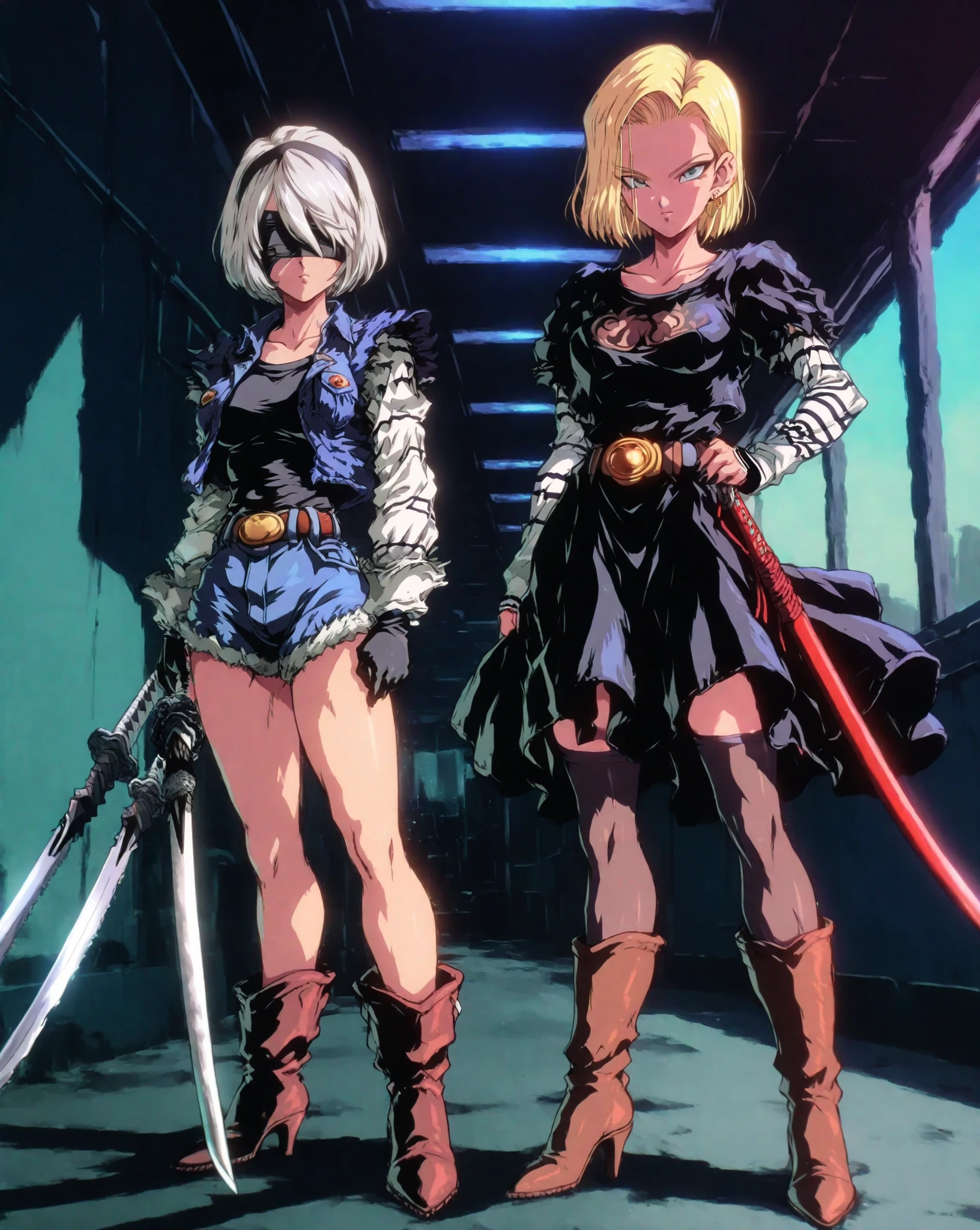 A highly detailed anime-style illustration of two iconic androids side by side. On the left, Dragon Ball's Android 18 wears 2B's iconic black gothic combat outfit, including the blindfolded visor, high heels, and short black skirt with white embroidery, her blonde hair elegantly styled as she holds 2B's katana with a cool, composed expression. On the right, NieR: Automata's 2B is dressed in Android 18's classic blue denim vest, long-sleeved striped shirt, black skirt, leggings, and brown boots. Her silver-white hair and visor contrast playfully with her casual style, and she stands confidently with one hand on her hip. The background features a sleek, sci-fi hallway that blends aesthetics from both universes, with soft lighting and bright details for a high-quality, cinematic look.