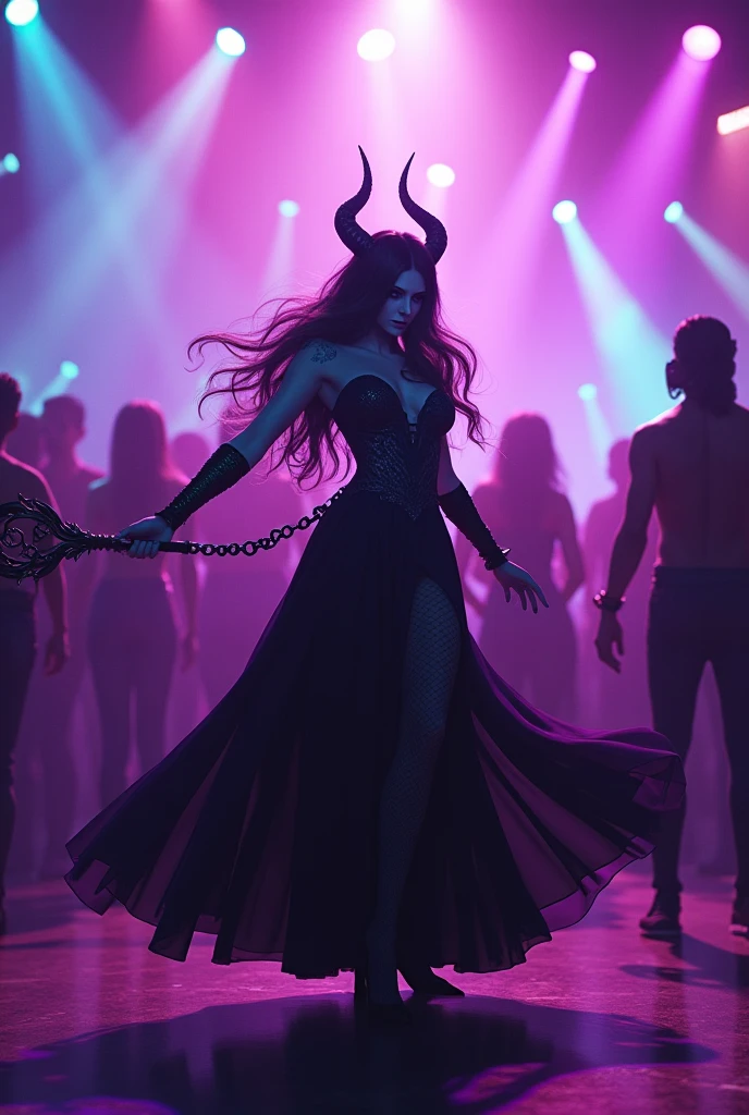 “Dance of Temptation":.
A sexy female devil dances on an ancient stone floor. She is dressed in a see-through black dress that accentuates her curves. Her dark eyes and red lips are seductive, and her long silver hair sways in the air. An aura of magical purple light surrounds her, and a stone wall inscribed with ancient spells is visible in the background. Aim for realistic depiction, make sure photos are at highest resolution (8K).