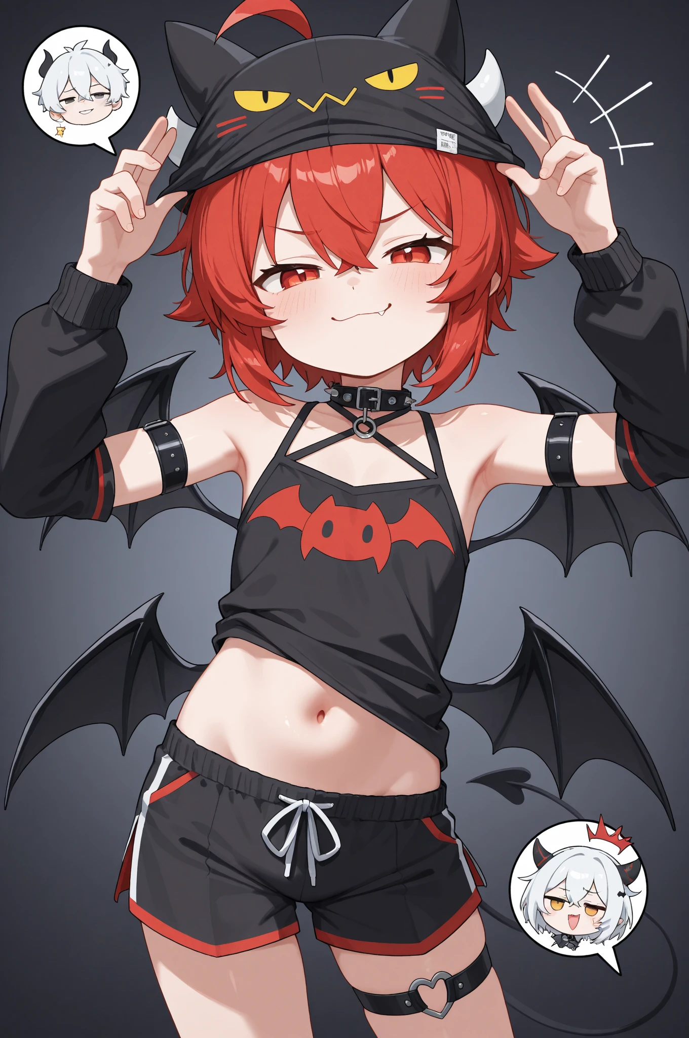 4k, original Anime character, beautiful smug face, high detail, Detailed art style, (smug smirk:1.4), vampire fangs, vampire batgirl, elf ears, short red curly hair, (small chest:1.2), tailcoat, low-leg Short shorts, full length, the perfect body, original character, thigh gap, cameltoe, womb tattoo on lower belly, fly down, thigh gap, Bat ears, highlighted cameltoe, curvy