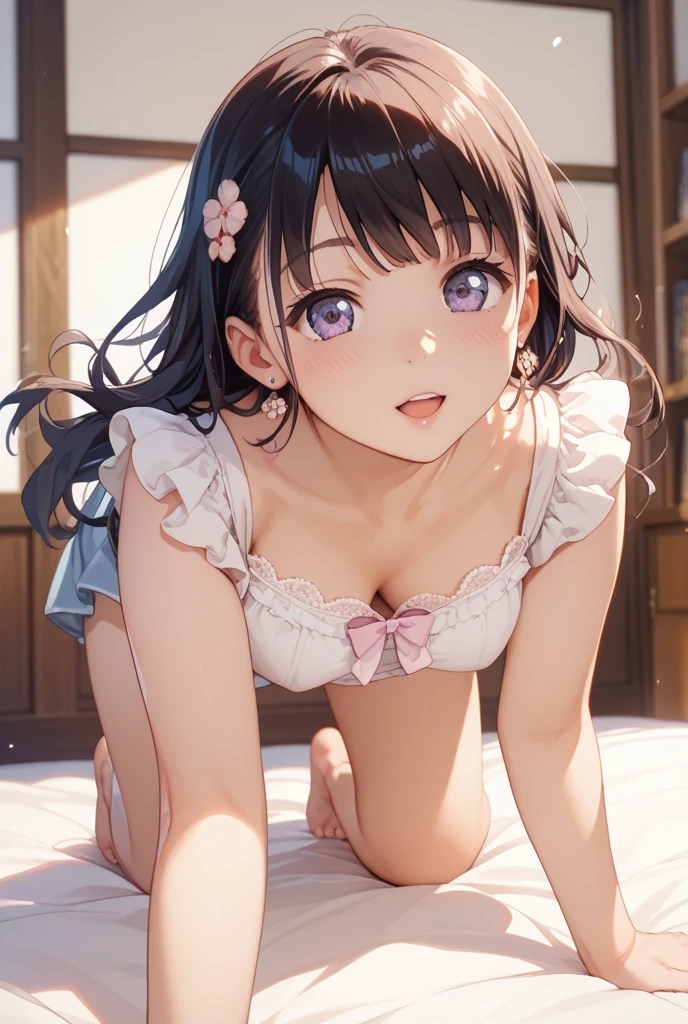 Highest quality、Realistic、、zoom、woman、cute、Light grey eyes、Black Hair、Long straight line、Tanned brown skin、Dark Skin、Pink panties with small character print、Pink panties with small character print、Captivating smile、Flat Chest、。Bust Shot、Low length、Chubby、Shower room、