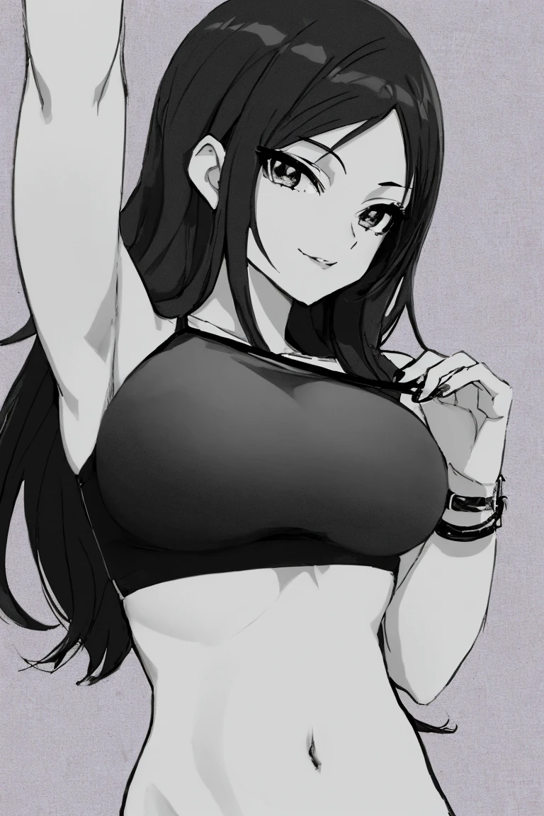 masterpiece, best quality, looking at viewer, upper body, portrait, looking at viewer, seductive smile, put your hands behind your head, armpits, armpits visible, sweaty armpits, tifa lockheart, very large breasts, long black hair, wearing black white tanktop, twintail