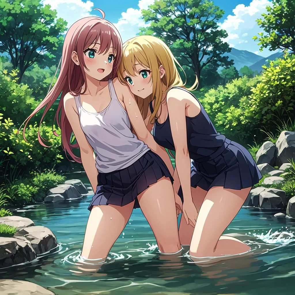 (masterpiece), best quality, (16k), expressive eyes, perfect face, lady, 3 girls, large breast, navel, BREAK, (((topless))), (((wet pink solid pencil mini skirt))), bare arms, bare legs, shiny skin, wet body, BREAK, outdoors, in the waterfalls, wading, BREAK,  brown hair, wet hair, Lower ponytail, closed eyes, :), BREAK, standing, (upper body), ((from behind)),