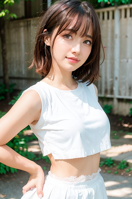 masutepiece, Best Quality, One girl, (Beautiful Girl:1.3), (16 years old:1.2), Very fine eye definition, (Symmetrical eyes:1.3), NSFW, (Cute sleeveless:1.3), Beautiful breasts, Brown eyes, Parted bangs, Brown hair, Upper teeth、Background outdoor