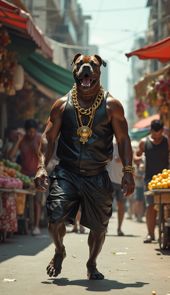 hyper-realistic photo of a Cane Corso wearing Technics clothing and bucket hat breakdancing in front of a crowd of children in a circle with a stereo in the corner
