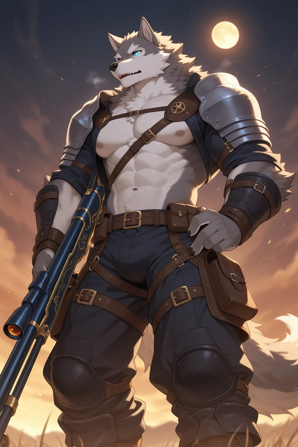 furry, furry art, source furry, (by milkytiger1145), solo, young, boy, shota, shotacon, young face, athletic, pecs, abs, small waist, tall, white arctic wolf, wolf tail, white fur, ponytail white hair, nude, talking, speaking, black mouth, big blue eyes, hard nipples, erect white penis with foreskin, erection, white foreskin, leaking precum, robot, (broken neck:1.2, damaged chest:1.2, cracked belly:1.2), detailed synthetic parts, detailed synthetic components, in a factory, factory interior background, holster, gun, handgun, holding gun, carrying gun, aiming gun, angry, angry expression, looking around, looking away, full body, full body portraits, full body shot