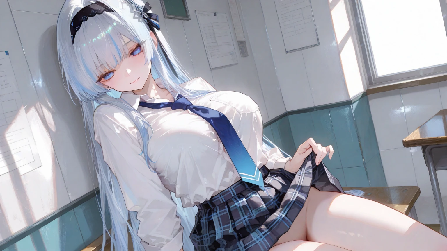 NFSW, Best Quality,masutepiece，look down on, Upper body，Strands of hair,lightblue hair，white hair，Pink hair,‎Classroom，tiny chest、red blush, Bow, Red bow, Long sleeves, Shirt, Collared shirt, Skirt, Pleated skirt, Black skirt, looking at the viewers, Best Quality, High resolution, (Beautiful detailed eyes:1.6), extra detailed face, Perfect Lighting, extremely details CG, (Perfect hands, Perfect ???????),A smile、(Skirt lift:1.3), (Skirt that rolls up:1.3)、(Fully exposed panties:1.5)，(Multiple girls),(no panties:1.3), (breast out:1.5), pussy line, (love juice:1.3)
