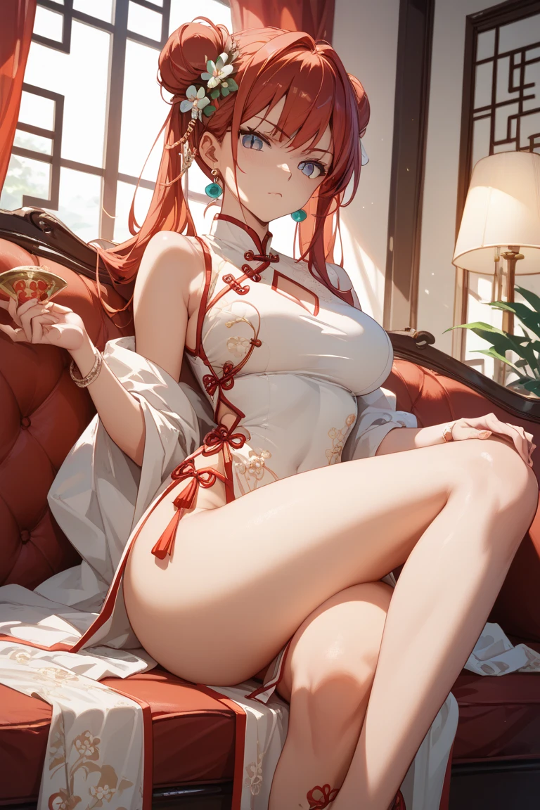 ((depic young girll)), (((top-quality, masterpiece))), 4k, HD, ((((one girl))), long hair, ((red hair)), straight hair, ((poney tail)), nice hips, Masterpiece, Excellent, complex details, delicate girl, delicate face, sassy, confident, white ribbons, brown eyes, clavicle, (((cute  white lace lingerie))), (((sofisticate red lace lingerie))), ((((topless)))), ((big breasts)), bare arms, bandage on arms, flat belly, (red kimono), (((kneeling))), sexy pose, Japanese garden, atmosphere of feudal Japan