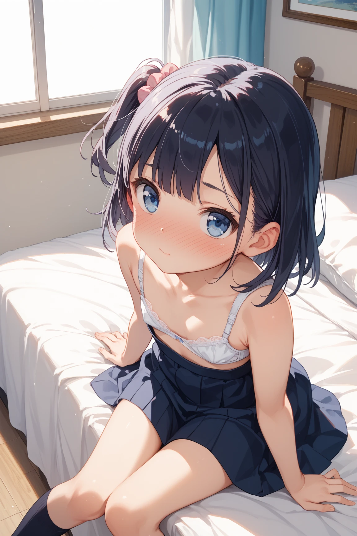 front view,looking at viewer, looking ahead,from above,cowboy shot,1girl,Beautiful 11 year old girl,Japanese,Slender,,low length,Small breasts,Thin legs,Small Ass,Baby Face,Small face,Black Hair,Row Twin Tails,Gray Eyes,Drooping eyes,middle School girls,Swimwear,open mouth,tongue out,front face,Kneeling,Put your chin forward,Beautiful and detailed anime art,naughty smile,Sexy vibe,cum on tongue,Dimly lit room,On the bed,Simple Background,Gray background,Low lighting,finger to mouth