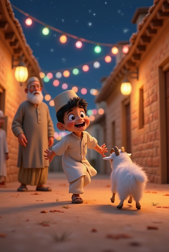 25 year old Indonesian youth, wearing a white kopyah with a prayer mat around his neck wearing a long-sleeved white shirt with the words "RubyART", wearing trousers and flip-flops going to the mosque riding a large kitten. The mosque background is magnificent and coolmidday. high quality