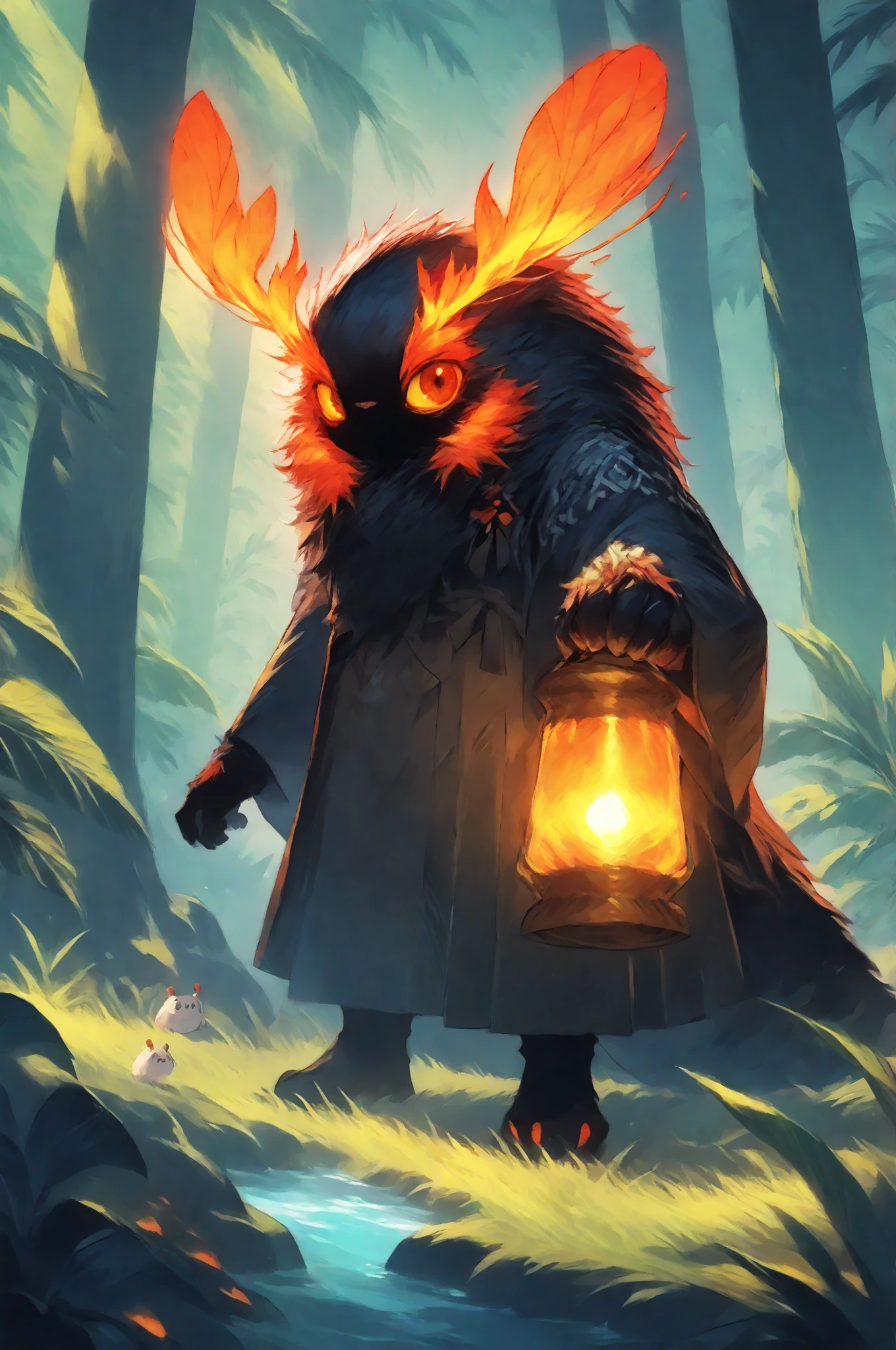 masterpiece, best quality, amazing quality, very aesthetic, a male red spirit-moth, translucent glowing, fantasy theme, full body fan art, amazing tropical forest background, depth of field