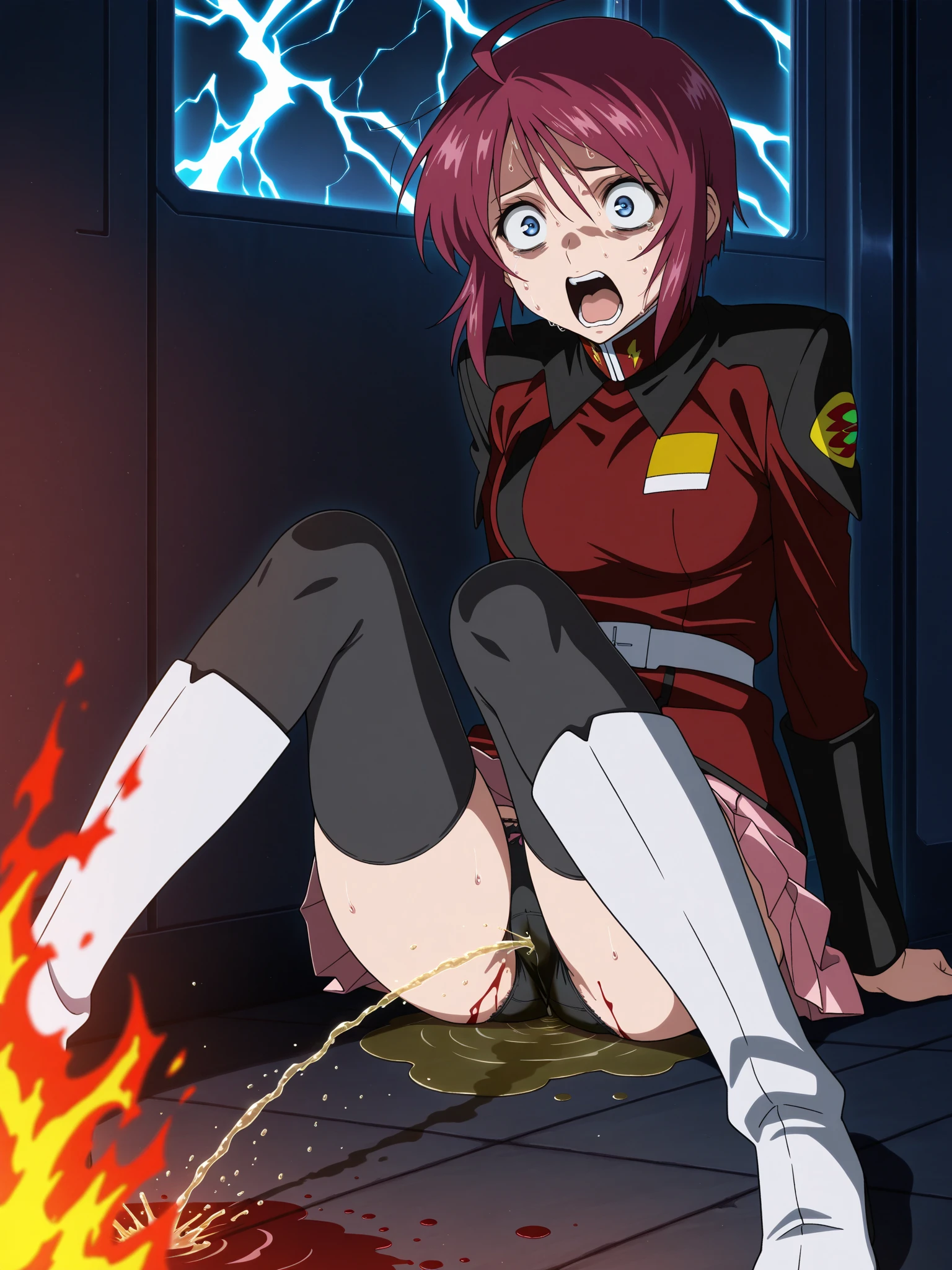 ((Highest quality)), ((masterpiece)), (detailed), ((prison)), One person, akanechan, femdom, dominatrix, ((bare shoulders)), ((black bustier)), ((black stockings)), ((black g-string)), ((black high heels)), ((black garter belt)), ((black elbow gloves)), ((squatting)), ((open legs)),  ((evil grin)), (((((from below:1.3))))), ((lpeeing,ooking at viewer)), (((looking down at viewer)))), stare at viewer with stern eyes, foreshortening, pee, 