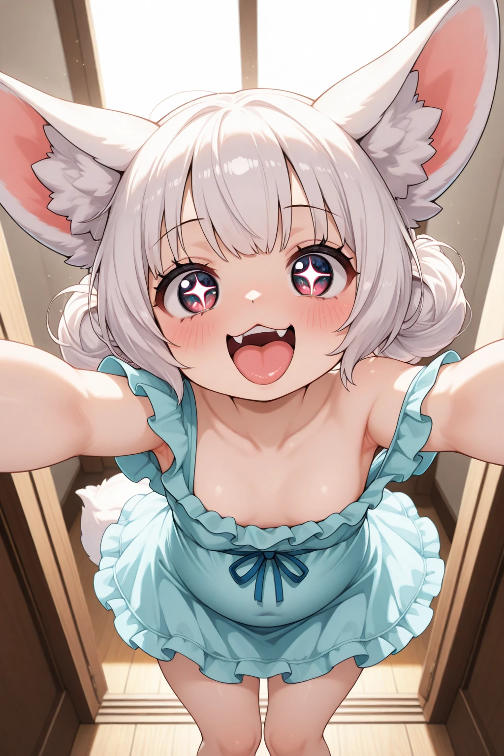 best quality,best resolution,(fluffy anthro furry :1.6),(young :1.6),white rabbit girl,small breasts,white hair,long hair,wavy hair,curvy hair,white rabbit ears,white rabbit tail,white fur,red eyes,glistering eyes,sparkle eyes,glasses,ribbon bowtie,maid outfit,maid headdress,maid gloves,beautiful cafe,white light,looking at viewer,full face blush,desire face,smile,heart eyes,heart expression eyes,horny eyes,close eyes,heavy breath,straddle viewer,low angle,girl on top,bend down,face to face,solo