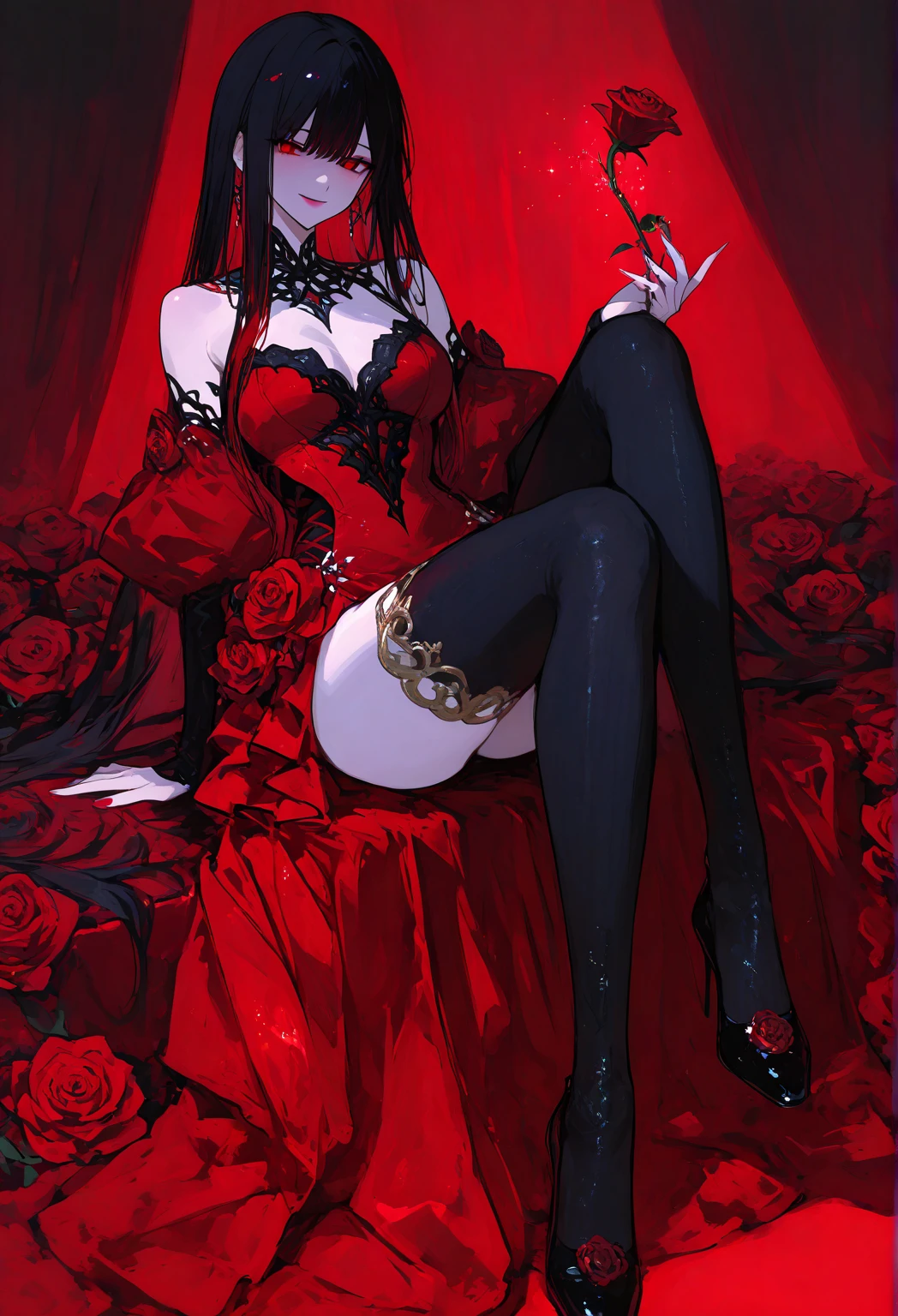 Hot figure，The kinky is exposed，Raised sexy，High heels，Stockings red lip，Girl in their thirties ((best quality)), ((masterpiece)), (detailed), perfect, face erotic oil painting, Tongue Female Demon, abstract, very colorful, Pointy teeth, Dark, goth, Bats, cat, Kate moss