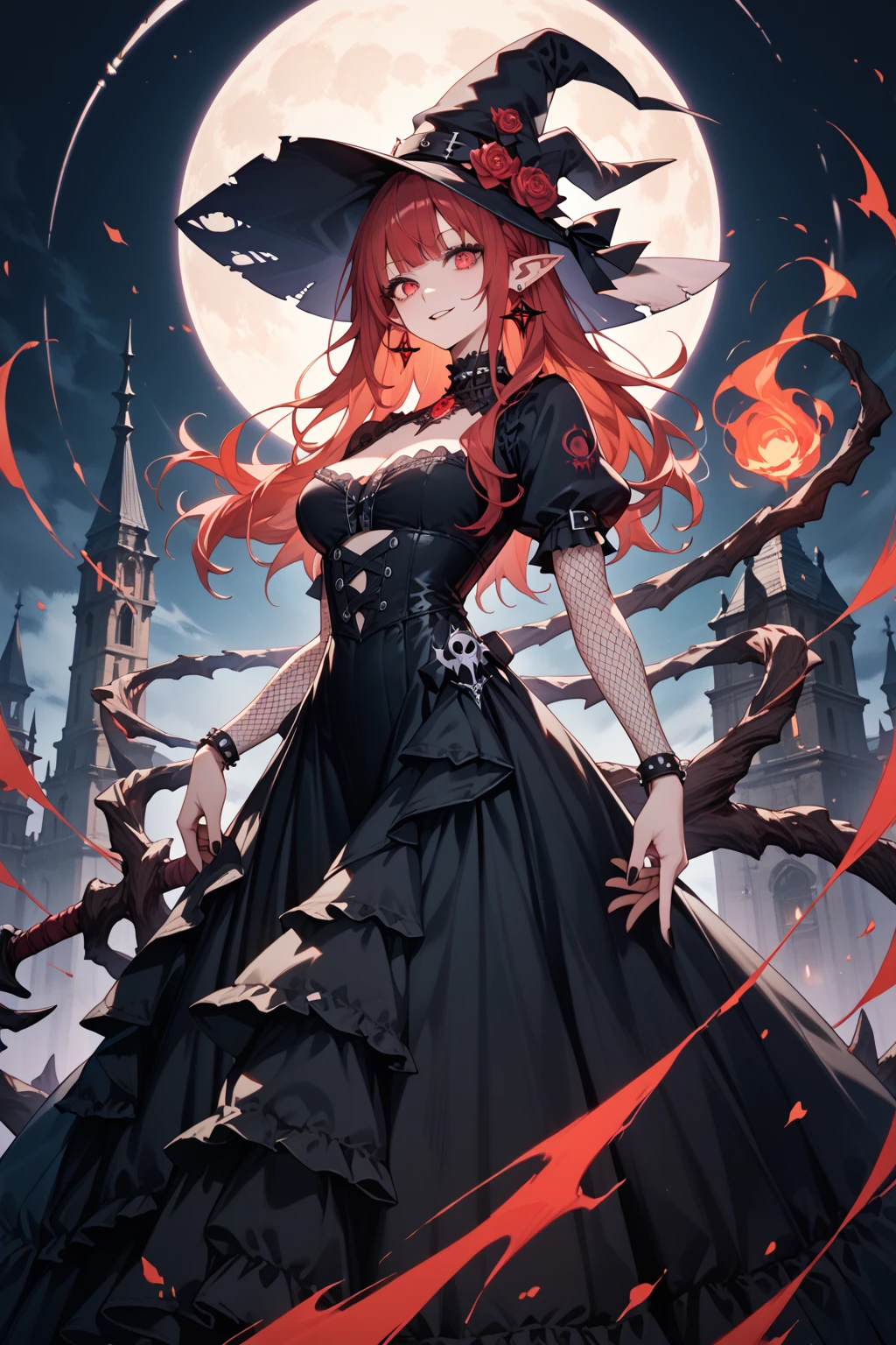 Realistic and detailed image of a zombie elf. Dressed in torn school uniform and ripped pleated mini skirt. Unusually shiny long silky scarlet red hair. Green eyes. She has earrings and long eyelashes. Has full lips. Large breasts, slim waist, very wide hips and thick thighs. Dark smile. Back arched. Dark mood. Foggy night, Halloween. crawling. Cemetery.