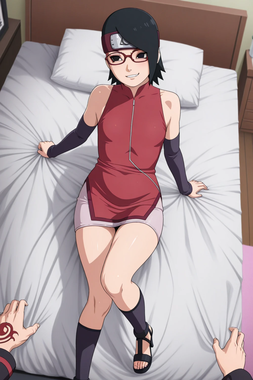 tennis girl's massive rear butt cheeks out of bottomless slutty mini sweater out bare and brown boots, showing her butt, lying down, on bed, wearing oven mittens under big pillow, blindfold