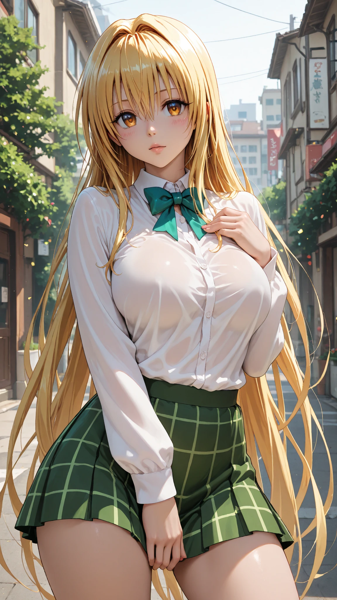 (masterpiece, best quality, ultra-detailed), collared shirt, pleated skirt, red_bowtie, Hair hair ribbon, blonde hair ,green eyes, bangs, Long_hair, braided bun, braid, 1 girl, solo, looking at viewer