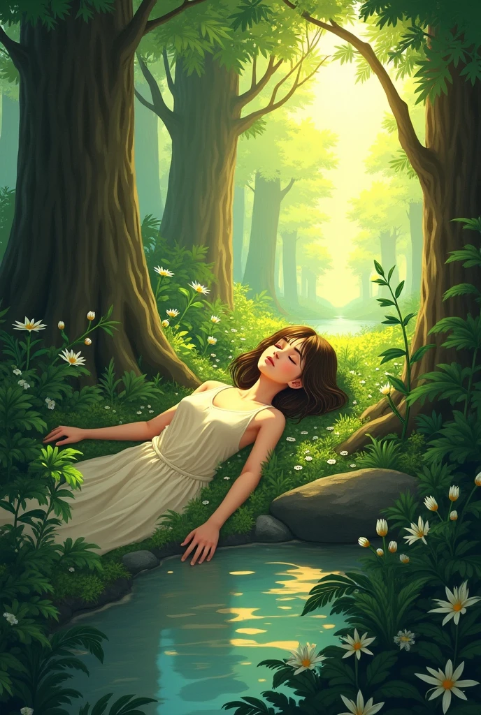 Ali is lying on the forest floor, eyes closed, pretending to be unconscious.