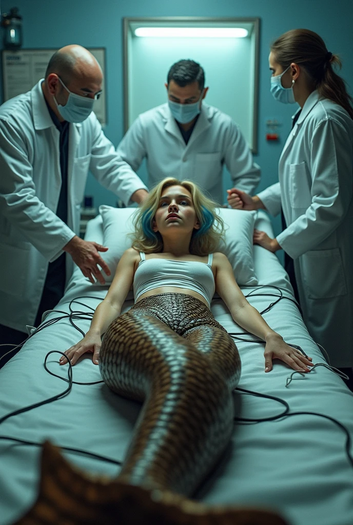 American　30-year-old extremely beautiful woman　Blonde Hair　Big Breasts　Slightly chubby　The woman is on the operating table.　Completely naked　They are lying unconscious, having been anesthetized and their eyes closed.　Both arms are lying by the side of the body　A tentacle wraps around a woman&#39;s thigh　Tentacles are attacking a female