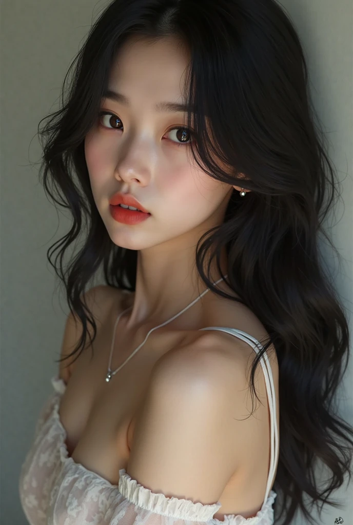 realistic, High resolution 8k, Complete dynamic configuration, Self camera, house interior, Korean woman, 25 years old, very beautiful appearance, slim body, C-cup chest, Beautiful, detailed eyes of average size, (drooping eyes 1.2), (sagging eyebrows 1.2), natural makeup, Short hair, wavy and gray hair, Vibrant and brightly colored red lips, Random and natural expressions, random common poses, Random Casual Outfits, Contains breast nudity, Self camera