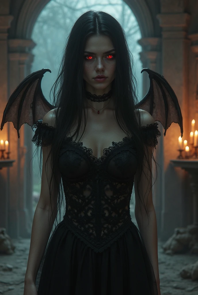 Vampire, female, long dark hair, pasty pale ghastly skin, red eyes, vampire fans, elegant flowing renaissance era black dress, Romanian, dark castle, nighttime, moonlight, dimly lit, horror, threatening to bite you, bearing her fangs, huge leathery bat wings