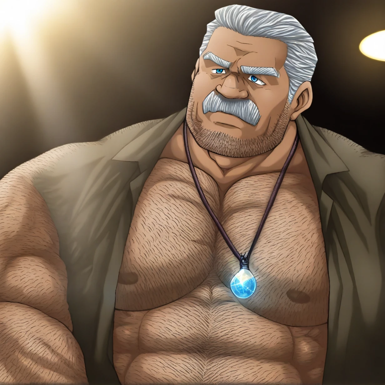 a muscular chubby older man, mature daddy, hairy chest, fat belly, waist belt, tight open jeans, big cock, hard little nipple, disgusting boner, (best quality,4k,8k,highres,masterpiece:1.2),ultra-detailed,(realistic,photorealistic,photo-realistic:1.37),detailed face,intricate details,cinematic lighting,dramatic lighting,cinematic angle,cinematic pose,dark shadows,dramatic shadows