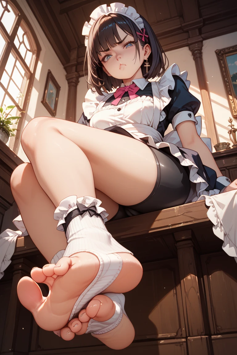 best quality, masterpiece,1girls ,solo, maid, maid apron, standing, light smile, foot focus, crossed legs,