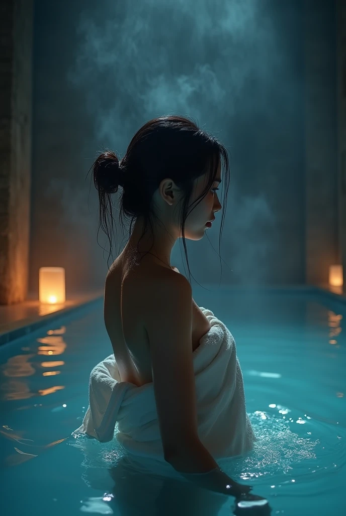 A Korean, only in a nightgown, half gray sweater, medium breasts, large thighs, Bblack hair, big-ass, standing, the night, in a jacuzzi, a jacuzzi fica em local fechado ao ar livre, blue lights, delicious, camisola lovely, Sweater only, she's not wearing anything but a lovely nightgown, delicious, she has a very sexy expression, perfeito, rosto sem maquiagem, rosto mais maduro, a camisola passa um pouco da cintura, ela está exibindo suas belas cochas, cabelo longo, magra, corpo em ótima forma, de costas, bunda, mostrando a bunda, biquíni, ela está de biquíni,