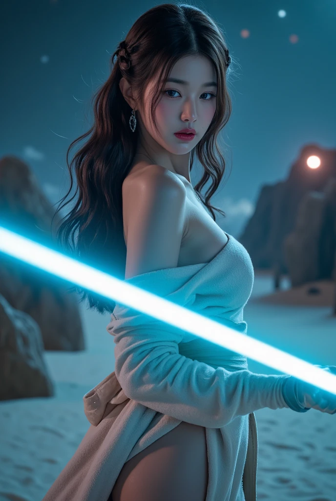 , jedi Girl, Star wars, laser sword in hand,full body picture,, beautyful face, beautyful body, open legs , ,,,thin micro dress, five fingers perfect hands, sharp picture, high quality, ultrarealistic, 3D,
