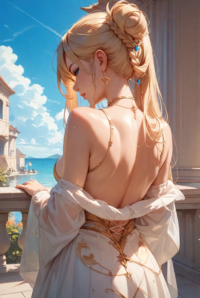((highest quality)),(ultra high resolution),(Super detailed),(detailed description),((best CG)),(best work of art),super precision art,great drawing art,(Art with precise details:1.5), (1 noblewoman:1.6),beautiful and well-shaped face:1.5,light makeup:1.6,(A detailed backless dress:1.8),coiffed hair:1.6, old castle balcony:1.5,sunset sky:1.5