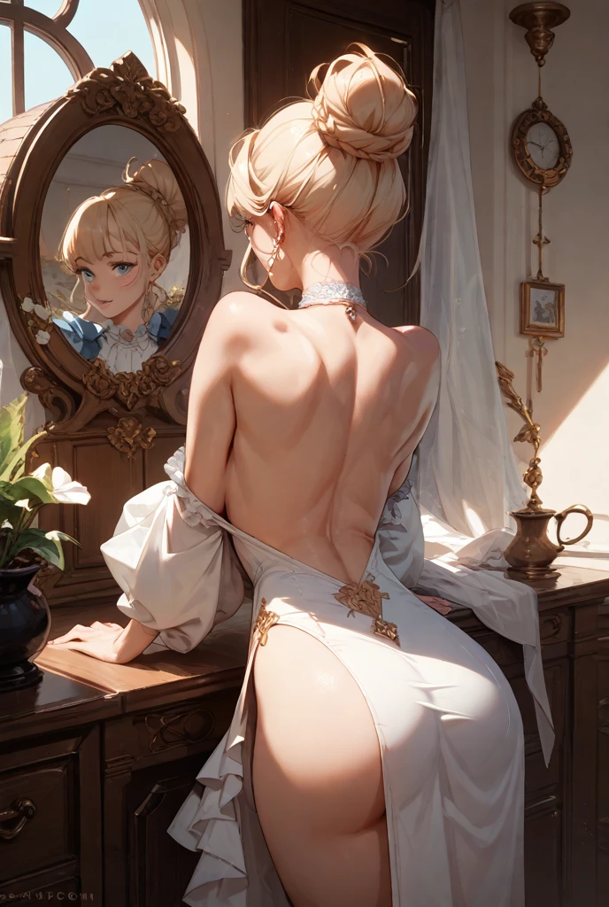 8k, ultra high definition, super detailed, shiny and detailed hair, detailed face, fantasy landscape, Alone, looking at the viewer, {{Best Quality}}, {{Masterpiece}}, {{ultra detailed}}, {Detailed light}, Ultra high quality eyes, detailed eyes, Perfect eyes, large eyes, detailed green eyes, by rubio, short hair, double tail, adorned hair, beautiful, Skinny body, White skin, horny, ??????, suggestive, view from behind, looking from behind, curvy booty, showing the butt, lingerie, in lingerie, blush, Open mouth, Ahegao, ((NSFW))