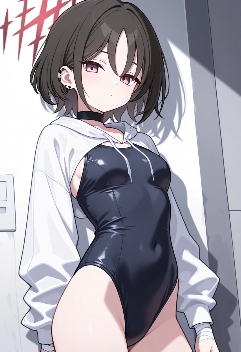 (Ellen 18-years-old, short dark layered hair, Brown-eyed, small breast:1.0), hair clips 
Rogue outfit, half undressed, spread legs, sitting, embarrassed, groin , panties 