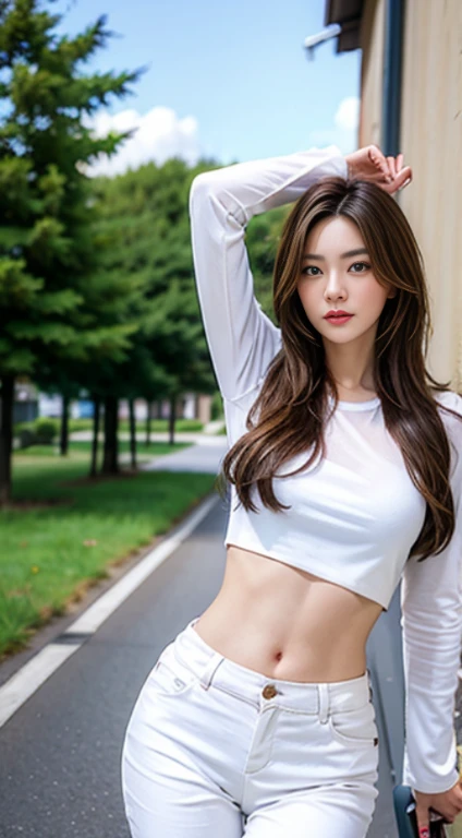 ((Realistic Light, Best Quality, 8K, Masterpiece: 1.3)), Clear Focus: 1.2, 1girl, Perfect Body Beauty: 1.4, Slim Abs: 1.1, ((Dark Brown Hair)), (White Crop Outfit: 1.4) (Outdoor), City View, Super Fine Face, Fine Eyes, Double Eyelids, Full Body Shot