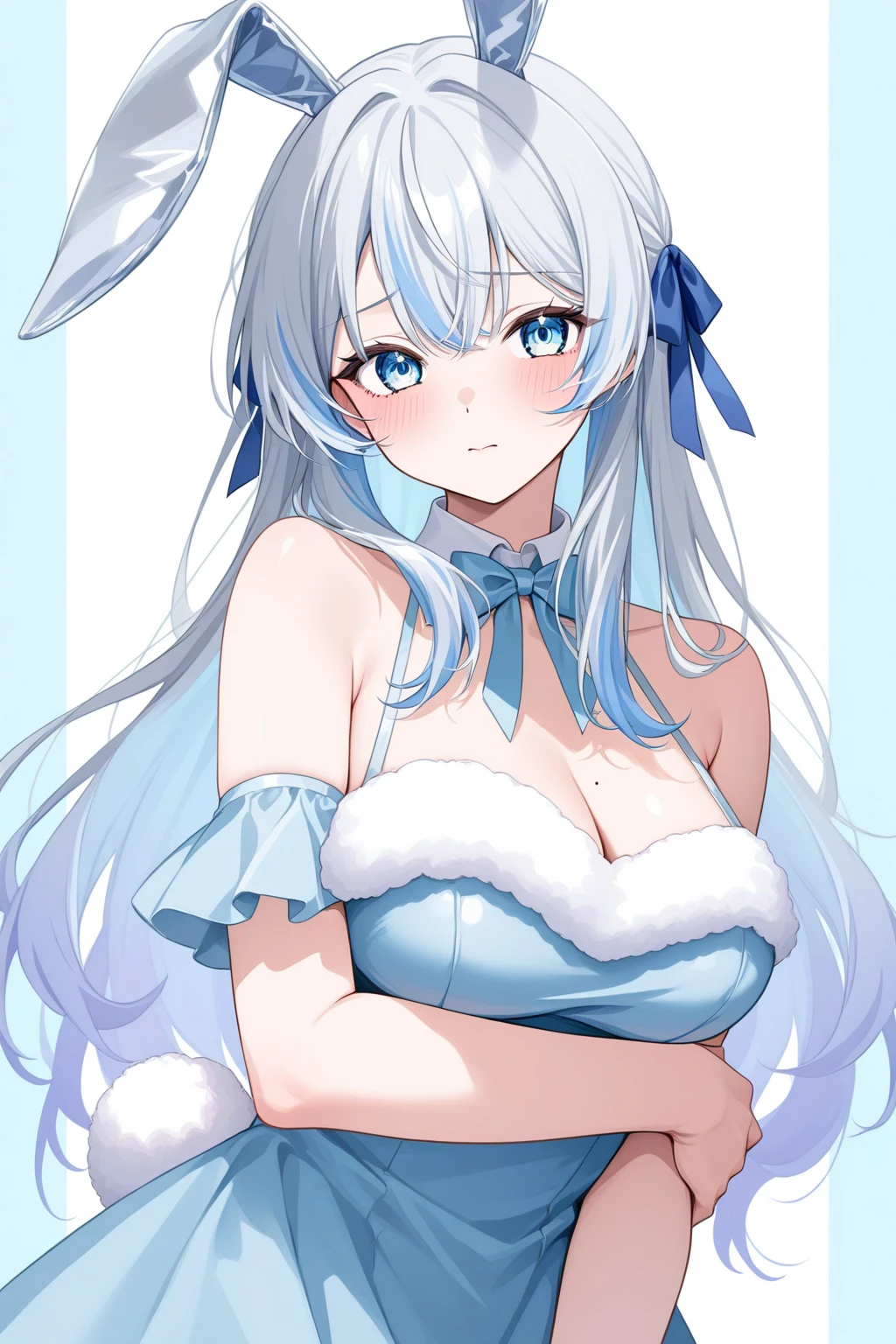 Wearing rabbit ears and a tie,blue bikini,Teenage girl with brown tights,grey long hair,A sexy pose,style of anime,Two-dimensional style,Half of the hair covers the eyes