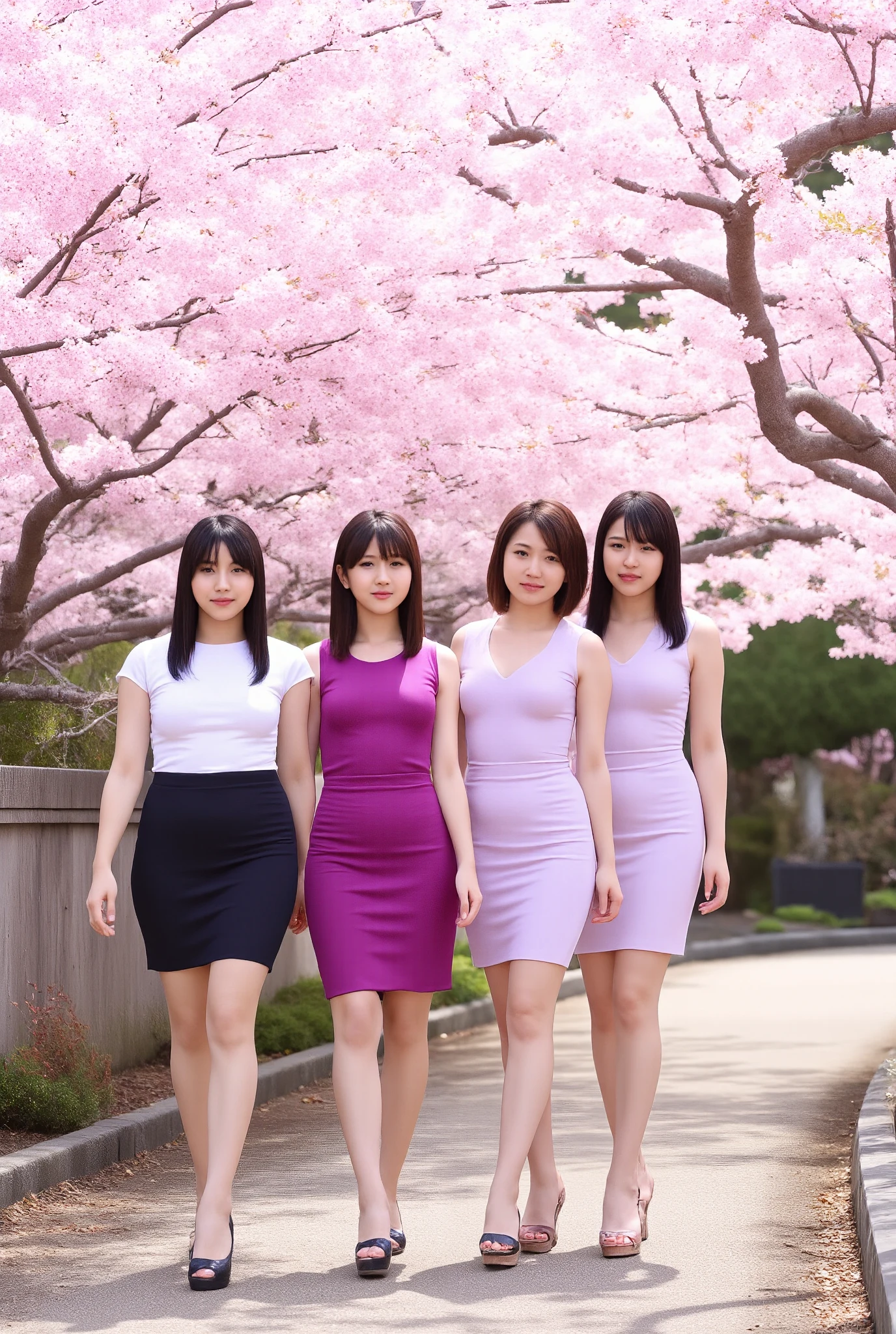 4 Japanese women in their 20s are shown side by side,Beautiful woman with a thin waist with good style,g cup,show me my cleavage,sleeveless top with cups perfect for a light purple v-neck body line,a fairly short beige pencil miniskirt that hides her underwear,Beige high heels,Long Hair,Beautiful mature woman with red lipstick,pretty short white pencil miniskirt with piercings on both ears,Gold bracelet on left wrist,Gold Necklaces,Smile Yan,Walking through a row of cherry blossoms looking at the camera,A full-body photo,high res,top quality