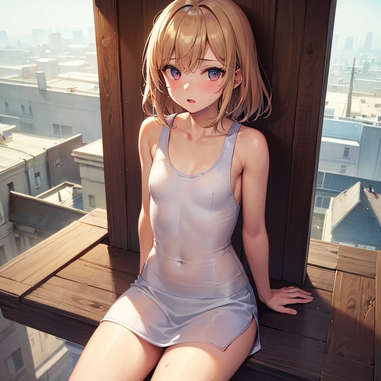 (masterpiece:1.5), very detailed face and eyes, (Photorealsitic:1.2)、 (FULL BODYSHOT:0.5)、ultra-quality、ultra-detailliert、Perfect drawing、animesque、charming anime girls,、beautiful alluring anime woman、Smooth Anime CG Art、独奏、1girl in、Naked Beauty、(jeanne d'arc (Fate Grand Order))、cowboy shot、(Since a while ago:1.5)、posture with protruding chest,、(legs wide open)、(Opening legs:1.5)、((middlebreast:2.0))、(((School swim wear)))、navy blue、thin cloth、bare-legged、(No panties 、No bra)、embarassed expression、Blue eyes、Moisturized eyes、red blush、Light from the front、Right ahead、clearface、The pubic area is clearly visible、((Areola showing through))、((Sweat))、slender、((a blond))、Sexy face、((Layered Hair Style、Medium Breath:1.2))、(short-hair)、The angle of movement、Sense of speed、lumnious、(deep in the night)、Skyscrapers、(in poolside)、On the roof of the school building、Poses to show off、sunny sky、Accurate drawing、meticulous drawing、Beautiful background、Urban cityscape、Motion blur effect