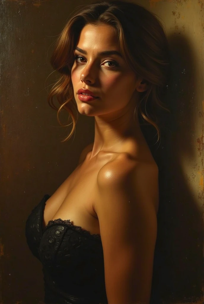 A beautiful woman in a sensual, erotic pose, highly detailed oil painting, intricate and realistic human ???????, delicate skin texture, glossy fabric, dramatic lighting, chiaroscuro effect, warm color palette, elegant and sophisticated composition, cinematic atmosphere, masterful brushstrokes, photorealistic quality