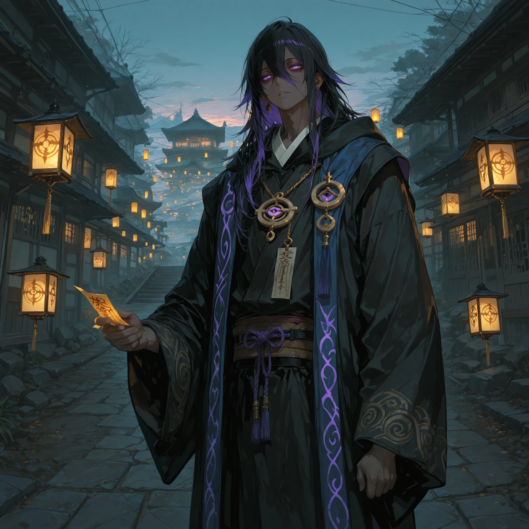 748cmstyle,1man, Mysterious cursed wanderer, Tousled black hair with faint violet streaks, Piercing violet eyes, Calm and unreadable expression, Wearing dark traveller robes with subtle spiritual ward symbols, Cursed void energy, Standing at the edge of a quiet old Japanese village at twilight, Paper talismans fluttering on nearby buildings, Dim lanterns casting long shadows