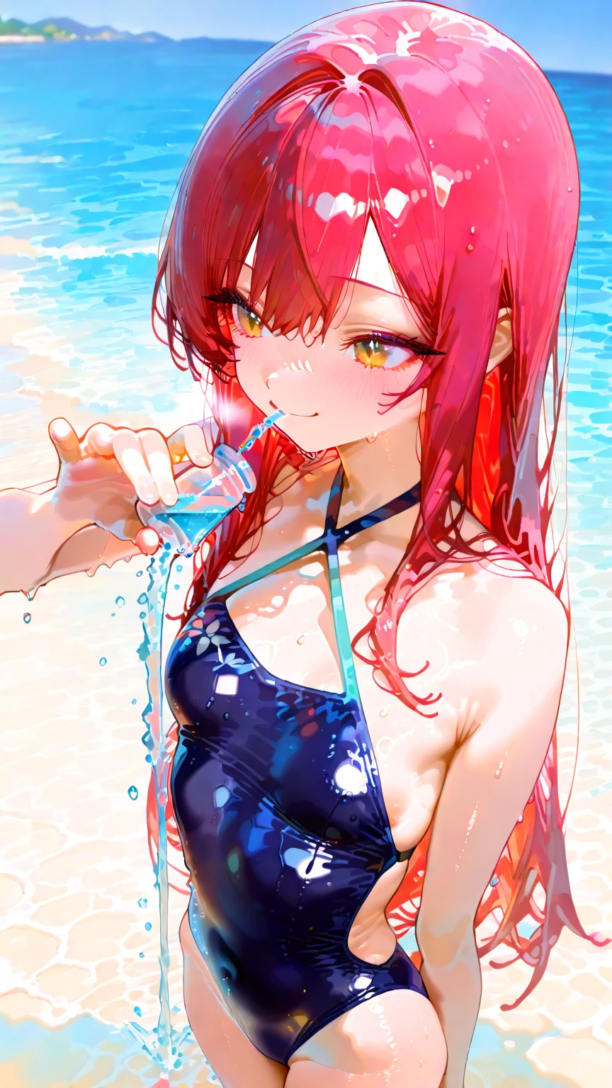 1girl, rolling eyes, grin, drool, solo, smile, tongue out, open mouth, small bikini, red hair, red eyes, full body, out of breath, big breasts, short hair, much saliva, wet body, licking