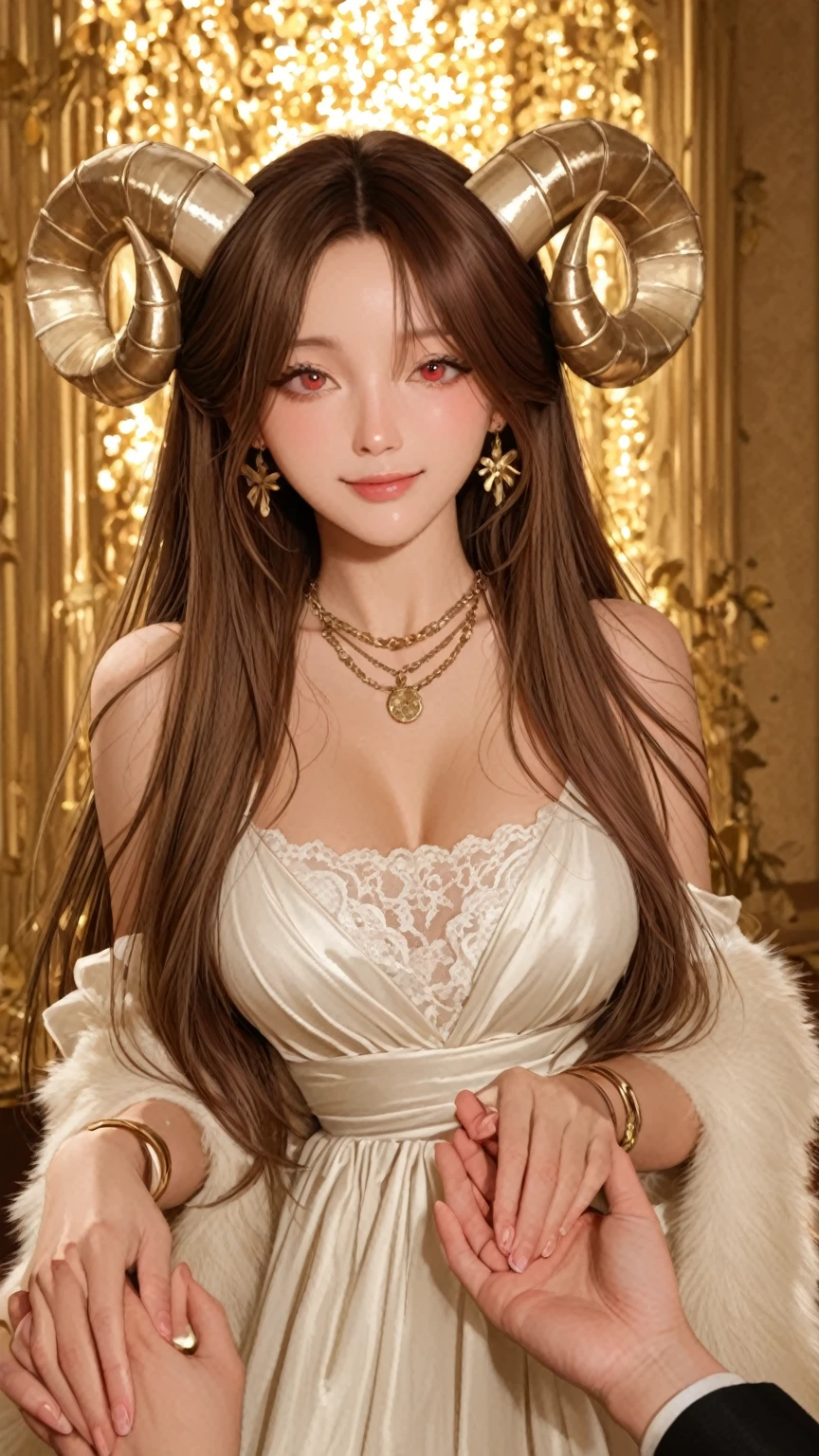 Masterpiece, Best quality, Ultra-detailed, illustration, epic lighting, Cinematic composition, isometry,(hexagons:1.2), 1girll, Horns, Solo, Yellow eyes, Black hair, Long hair, (Low wing:1.2), Large cleavage, Bare shoulders, hair between eye, Medium breasts, (White dress:1.1), Golden decoration, Detached collar, view the viewer, Semi-closed Eyes, (view the viewer:1.1), parted lip, Blush, Black feathers fall, Arena, particle fx, (8K:1.1)